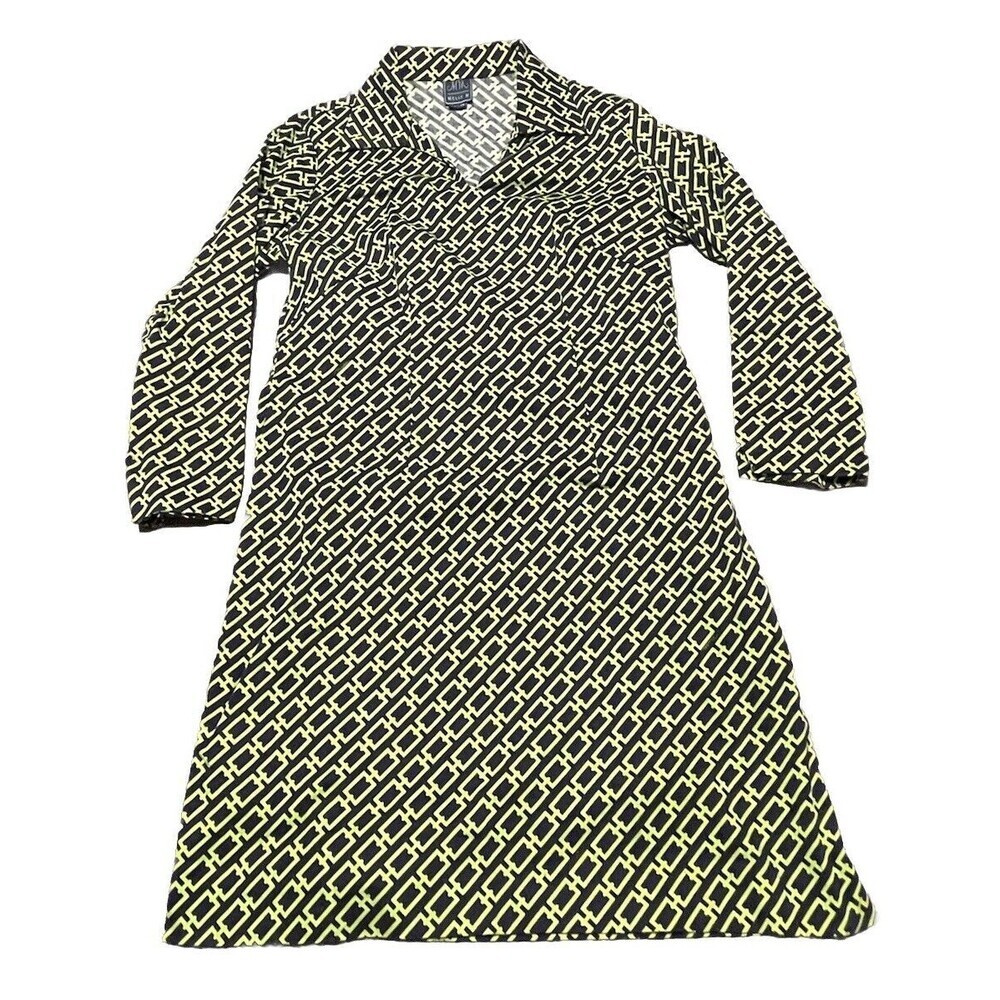 Melly M Dress SZ 14 Yellow & Blue Chain Pattern Collared 3/4 Sleeve USA Made